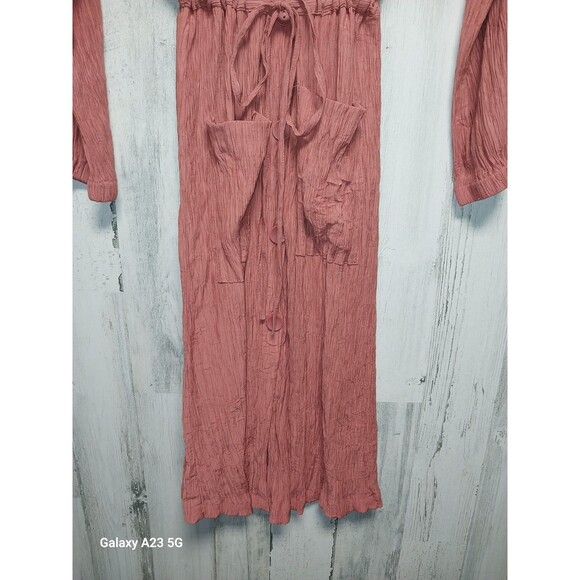 ZARA Shirt Dress Large Belted Crinkle Textured Knee Length Pockets Terra Cotta - Picture 2 of 9